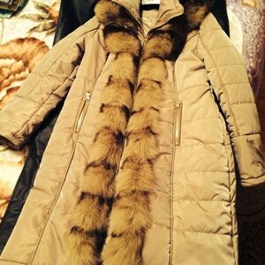 Macy's Beige Puffer Coat with Brown Fur Trim